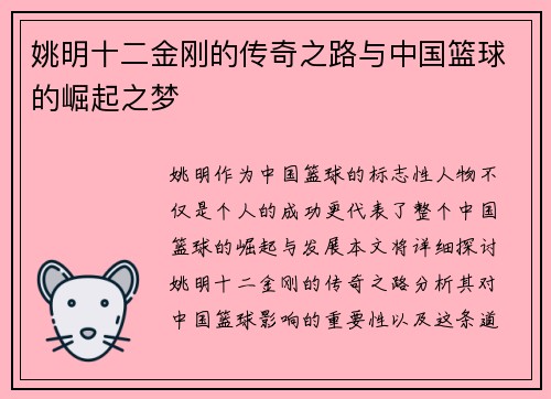 姚明十二金刚的传奇之路与中国篮球的崛起之梦